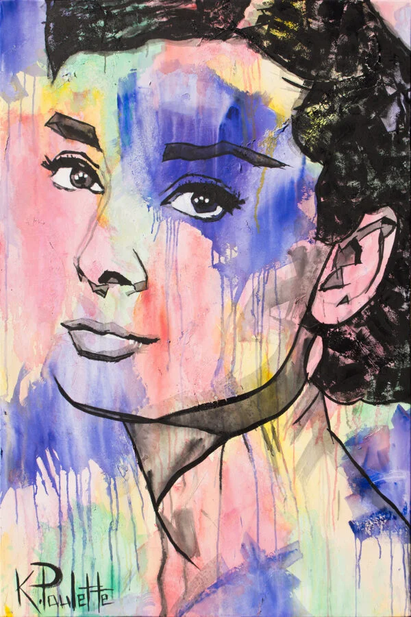 Audrey Hepburn art portrait painting by artist Kent Paulette. The artwork of Classical Hollywood cinema and Breakfast at Tiffany's star actress is colorful and expressive.