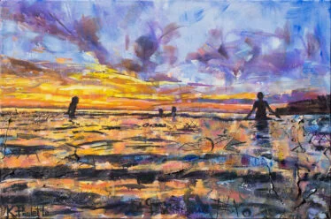 Beach sunset painting wall art which is calming. It depicts an ocean or lake with kids swimming in the water. This Coastal art depicting salt life could be in Charleston for example.