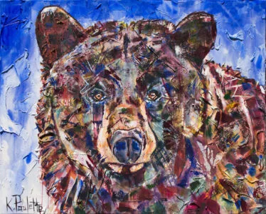 Bear art on canvas. This original painting is contemporary. It is a black bear portrait with a blue background or sky.