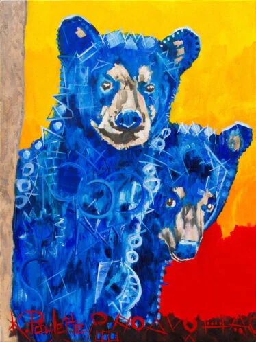 Bear cubs painting is original animal art that is colorful and happy by artist Kent Paulette. The baby black bears are blue with a yellow, orange, and red background.