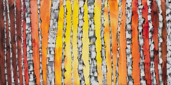 Painting of Birch Trees with sunset