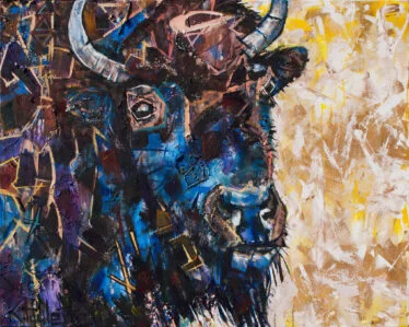 Buffalo painting. This American bison wall art is abstract and contemporary. The animal has horns and could live in the American West.