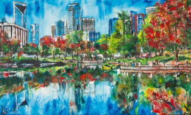Charlotte NC skyline art of a park with trees and reflections in the water. This painting was for Dream on 3.