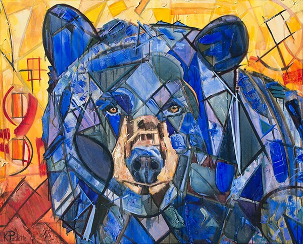 Bear Painting abstract art for sale. The original acrylic bear painting on canvas is colorful and blue. The background is orange, red, & yellow fall leaves or a sunset. The expressive animal painting is an adult black bear portrait with geometric shapes. Dream Bear wildlife in nature & modern art by Sorrento's Banner Elk artist Kent Paulette.