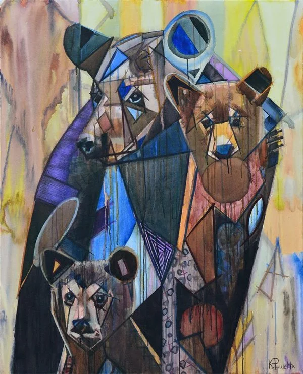 Bear Painting of mama bear and her two bear cubs for sale. Abstract wildlife art with earth tones, blue, brown, & yellow. Original Modern Art with colorful geometric shapes. Family Time wild animals in nature by Banner Elk bear artist Kent Paulette.