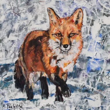 Fox art painting of wildlife in snow. It's painted in a contemporary style and it is calming. The canvas is square.