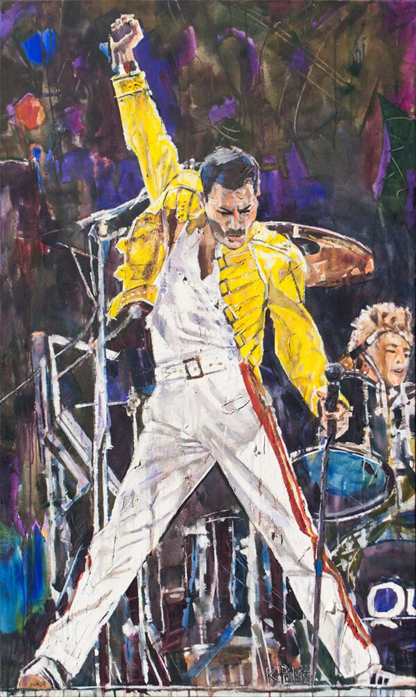 Freddie Mercury painting of the band Queen's lead singer of Bohemian Rhapsody. He is wearing white pants and a yellow jacket. Art by K. Paulette