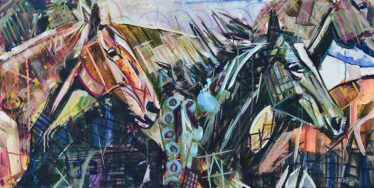Horse Painting for sale of wild horses running sideways. Abstract animal art on canvas is in earth tones with orange and teal. Galloping mustangs with movement and Cubism geometric shapes. Free Like the Wind modern equestrian art by artist Kent Paulette.