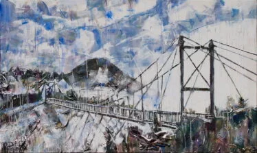 Grandfather Mountain painting of Mile High Swinging Bridge. This original acrylic landscape art of Appalachian Blue Ridge Mountains with fog, clouds, blue sky, and trees by artist Kent Paulette.