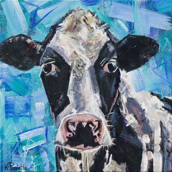 Holstein Cow painting, moo cow black and white with blue sky