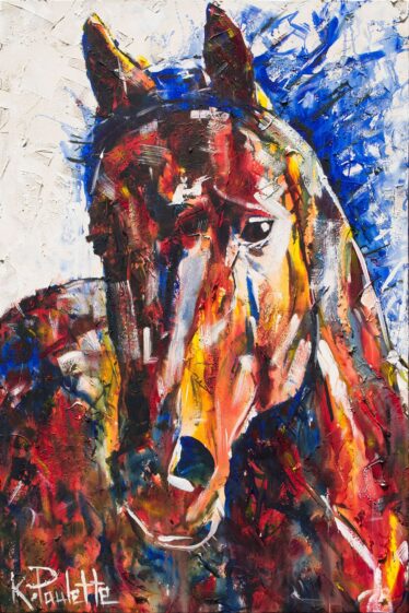 Horse art equine painting on canvas is colorful and expressive. This is an original painting for sale by artist Kent Paulette. The horse portrait has primary colors and the background is white.