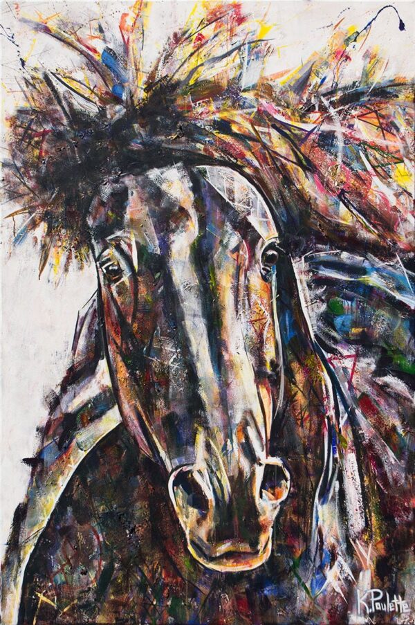 Horse painting of a wild mustang. This fine art is colorful and abstract with thick texture. This horse portrait is by artist Kent Paulette