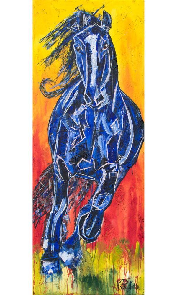 Horse Painting of a wild horse running. The artwork is colorful and abstract. The horse is blue and the background is red, orange, and yellow like a sunset or sunrise.