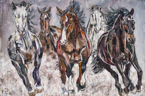 Painting of horses galloping in a stampede. This abstract art on canvas has motion and movement.