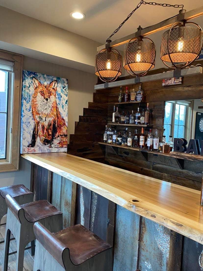 Interior design home bar with fox painting wall art.