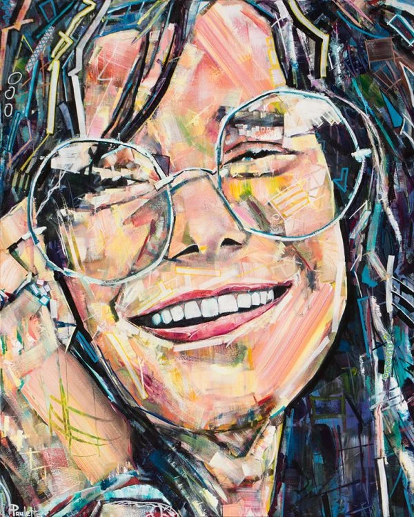 Janis Joplin painting is a portrait art for sale. This abstract original painting of Janis Joplin by artist Kent Paulette is acrylic on canvas and colorful. This Pop Art portrait has geometric shapes and a modern style. The 60's hippie musician Janis Joplin aka Pearl is smiling and wearing glasses at the psychedelic rock Woodstock music festival.