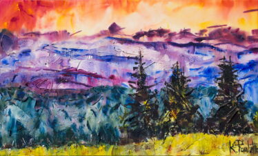 Landscape painting. This art on canvas has a colorful sky, trees, and mountains by artist Kent Paulette.
