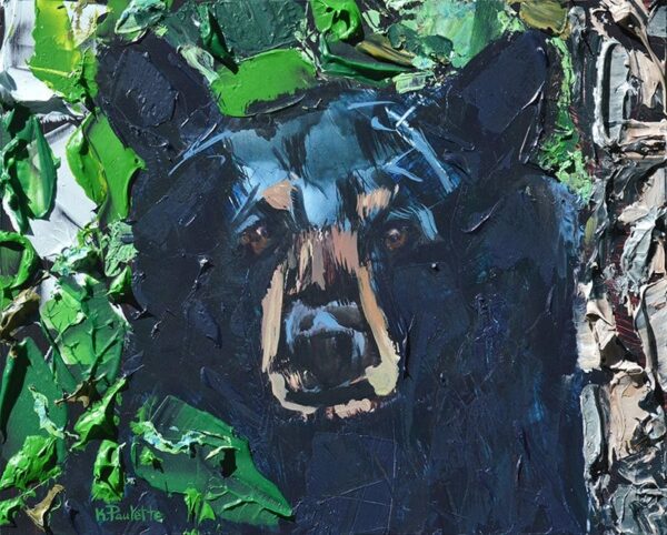 Leafy Bear is a green and blue animal painting with trees by artist Kent Paulette.