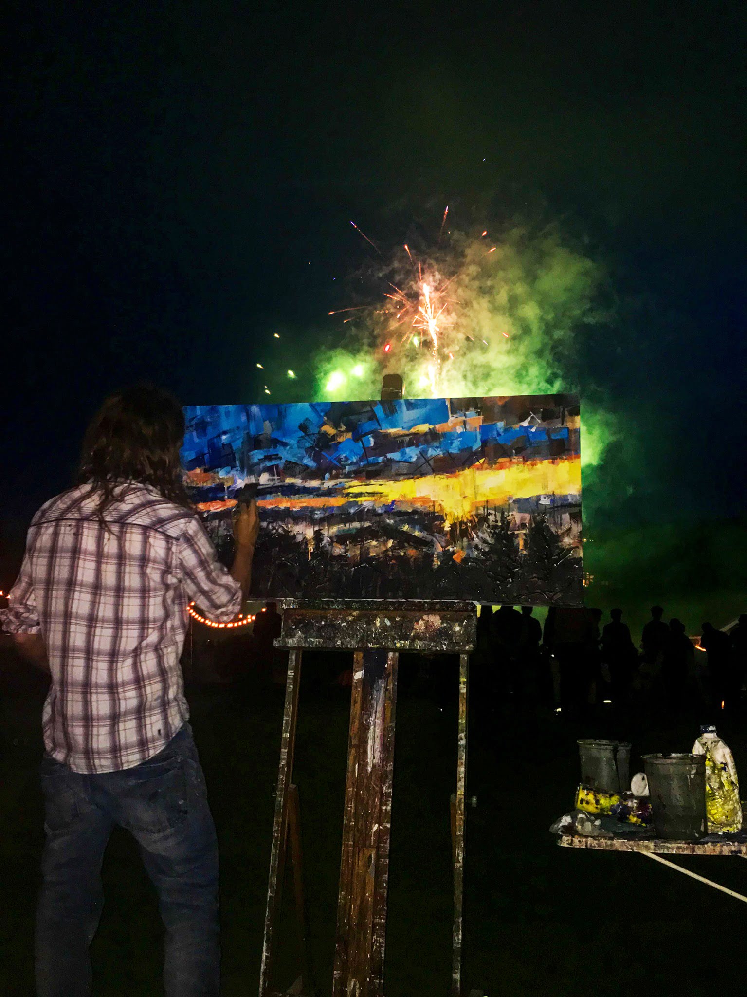 Linville Ridge fireworks with an artist painting live in Banner Elk, NC.