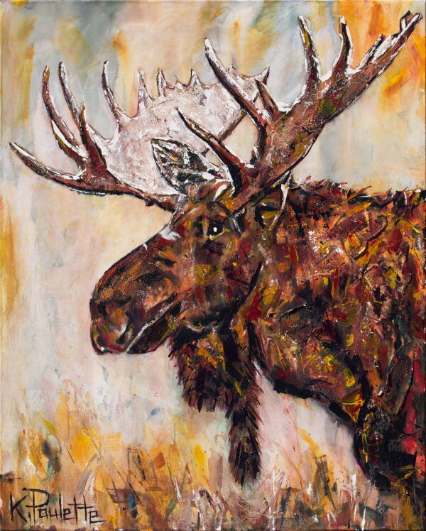 Moose painting art with antlers of a large bull alces alces elk by artist Kent Paulette. The colors of this wildlife art are browns and earthtones.