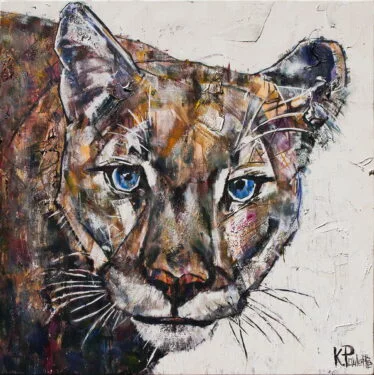 Mountain Lion painting. This original art of the western cougar Aspen who lived at Grandfather Mountain. The wild big cat has blue eyes by artist Kent Paulette..