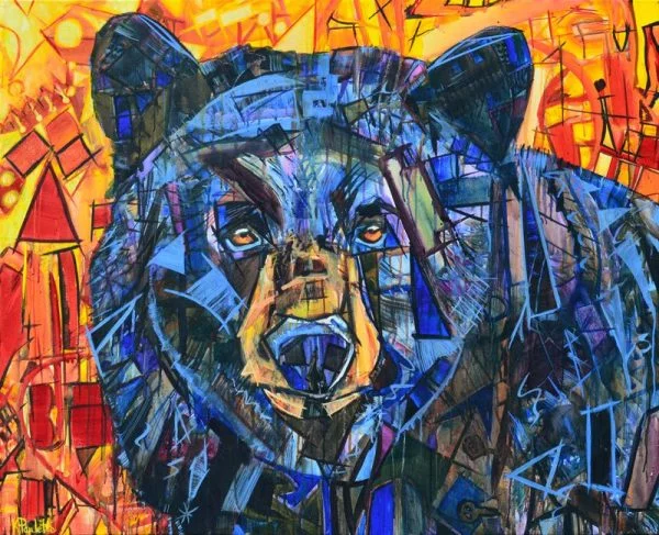 Bear Painting of blue & black bear for sale. The background is orange, red, & yellow fall leaves or a sunset. Original abstract animal art with colorful geometric shapes. The wildlife painting is an adult black bear portrait. Quantum Entanglement nature & modern art by Banner Elk, NC artist Kent Paulette.