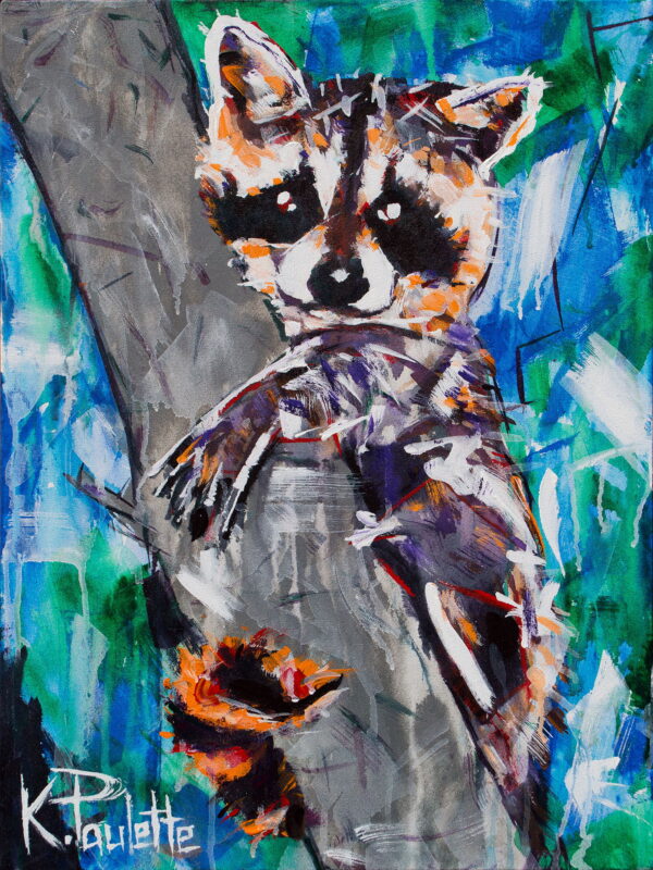 Raccoon art painting for a nursery of a cute baby raccoon climbing a tree.
