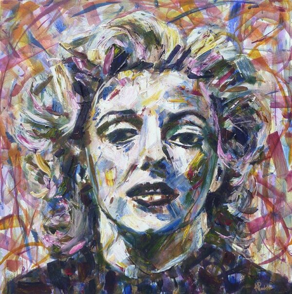 Marilyn Monroe portrait painting for sale of the 1950's pop culture icon Norma Jeane. This original Abstract Expressionism modern art of the celebrity actress and Hollywood Star is colorful. Marilyn Monroe looks sad but she's showing a beautiful honesty. Shades of Marilyn Pop art painting on canvas by Kent Paulette.