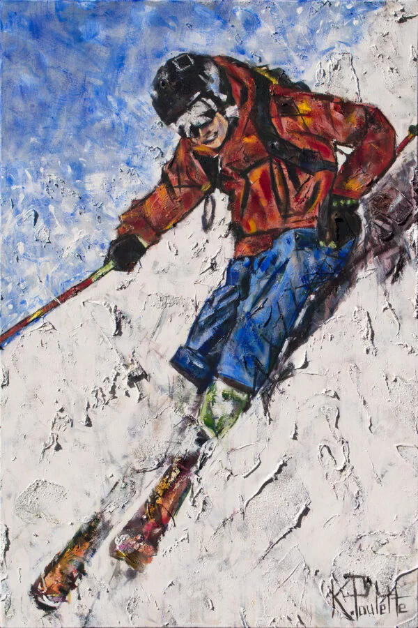 Skiing painting ski art of winter sports in action. Skier at fast speed like Olympics. Artwork with thick texture by artist Kent Paulette.