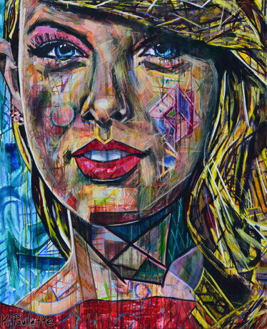 Taylor Swift painting is portrait art for sale. This abstract original painting of Taylor Swift by artist Kent Paulette is acrylic on canvas and colorful. This celebrity Pop Art portrait has geometric shapes and a modern style. The musician TayTay is smiling and has yellow blonde hair, red dress, blue eyes, and a blue background in this modern art.
