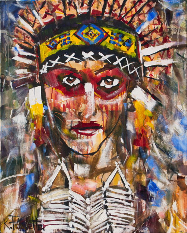 Tribal woman artwork with an Indian headdress. This warrior is fearless, fierce, and empowering.